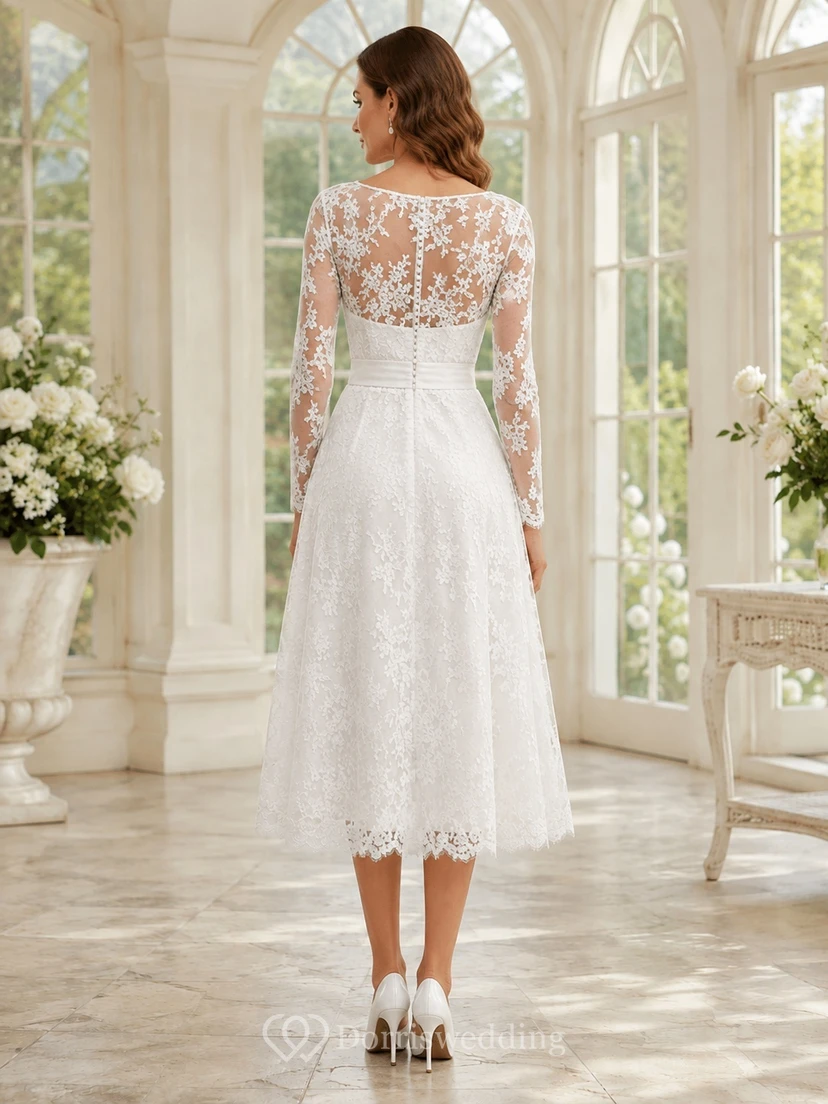 Lässiges, schlichtes Brautkleid mit Spitze, Schmucksteinen, langen Ärmeln, herzförmigem Ausschnitt, A-Linie und Teelänge view 2