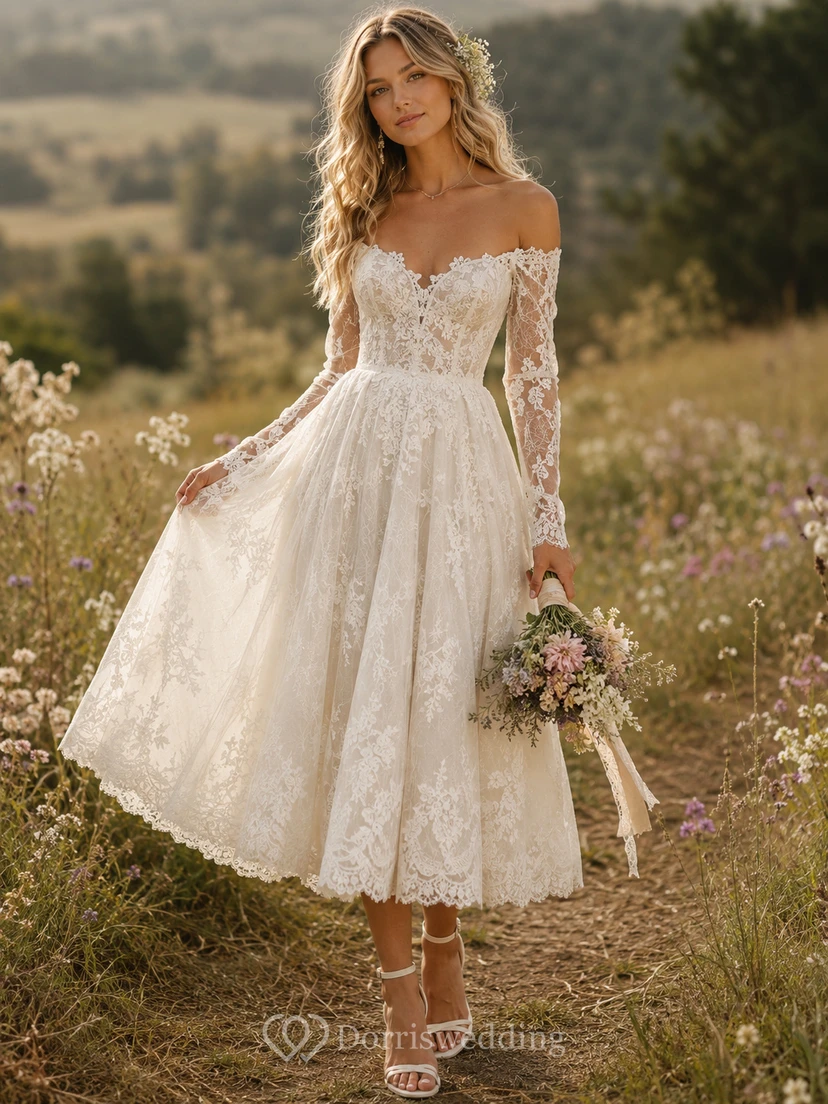 Boho-Brautkleid in Teelänge mit schulterfreiem Ausschnitt, langen Spitzenärmeln und voluminösem, floralem Spitzen-Midirock video preview