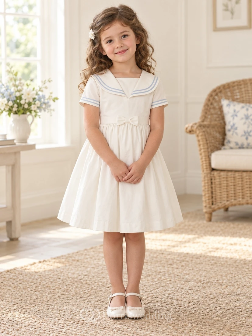 Vintage Modest White Knee Length Curved Sailor Collar Small Waist Bow Flower Girl Dress