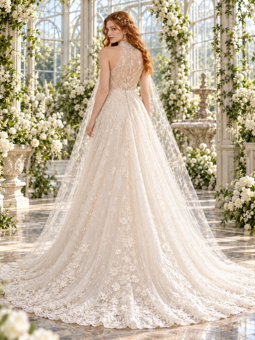Robe de mariée féerique à col montant dos nu, cape en dentelle perlée et coupe trapèze view 2