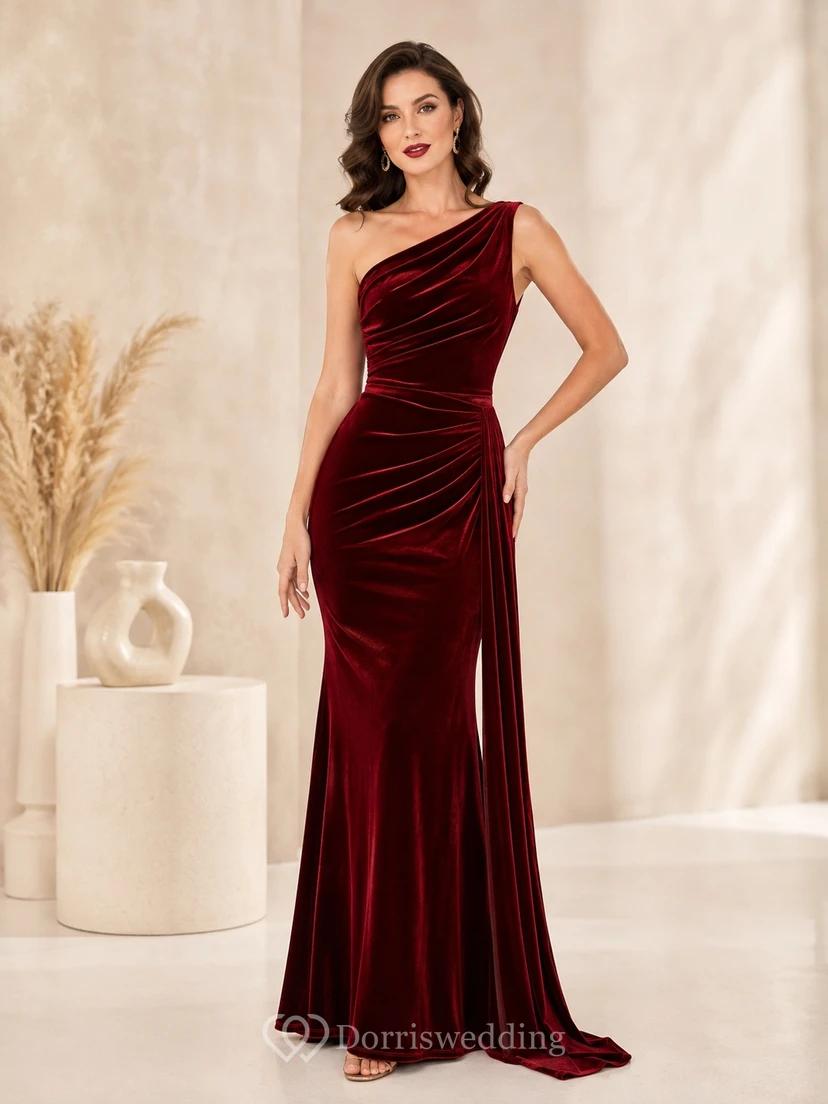 Burgundy One-Shoulder Ruched Velvet Mermaid Split Floor-Length Modern Evening Gown