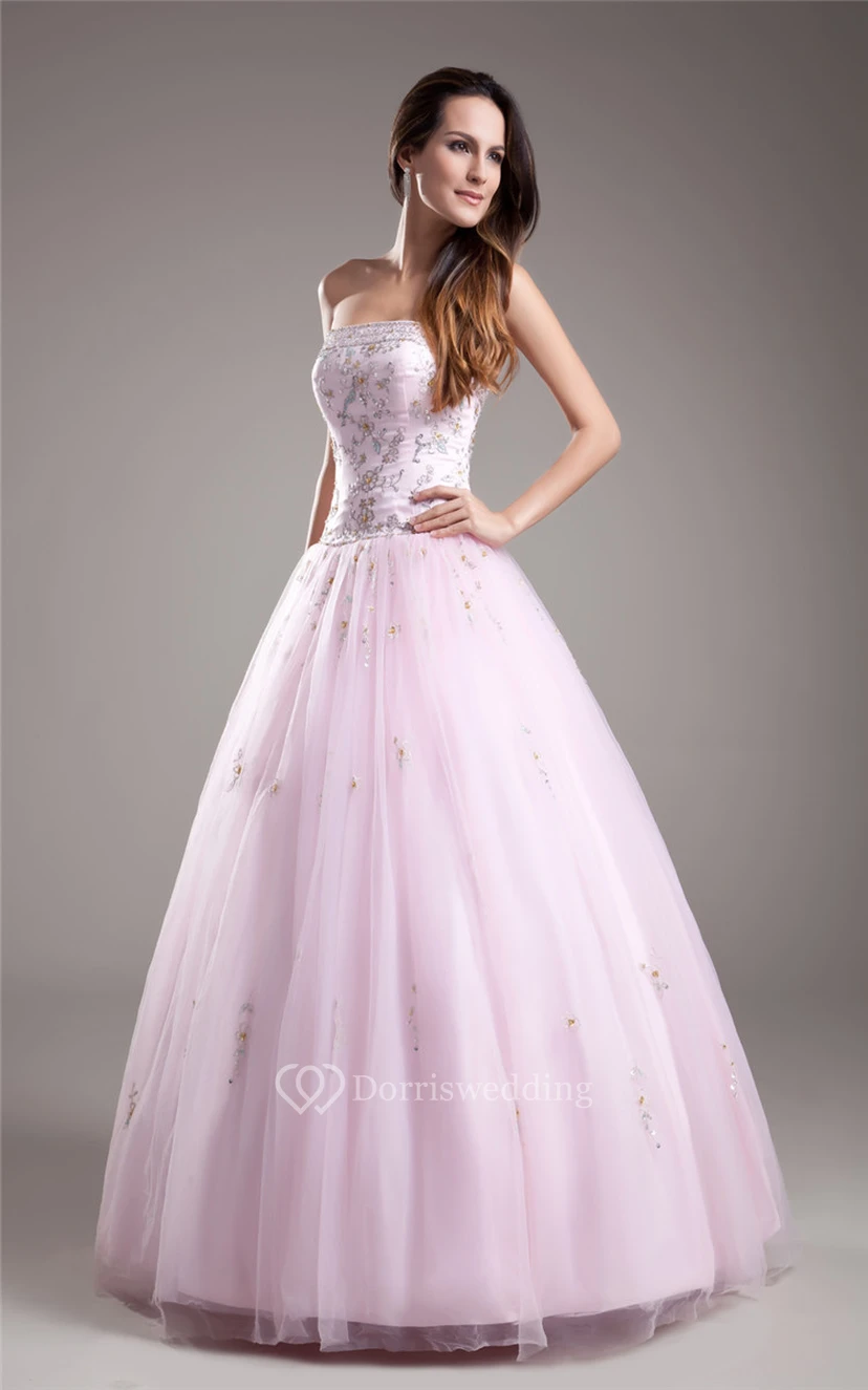 Blushing Strapless Beaded Ball Gown With Tulle Overlay view 2