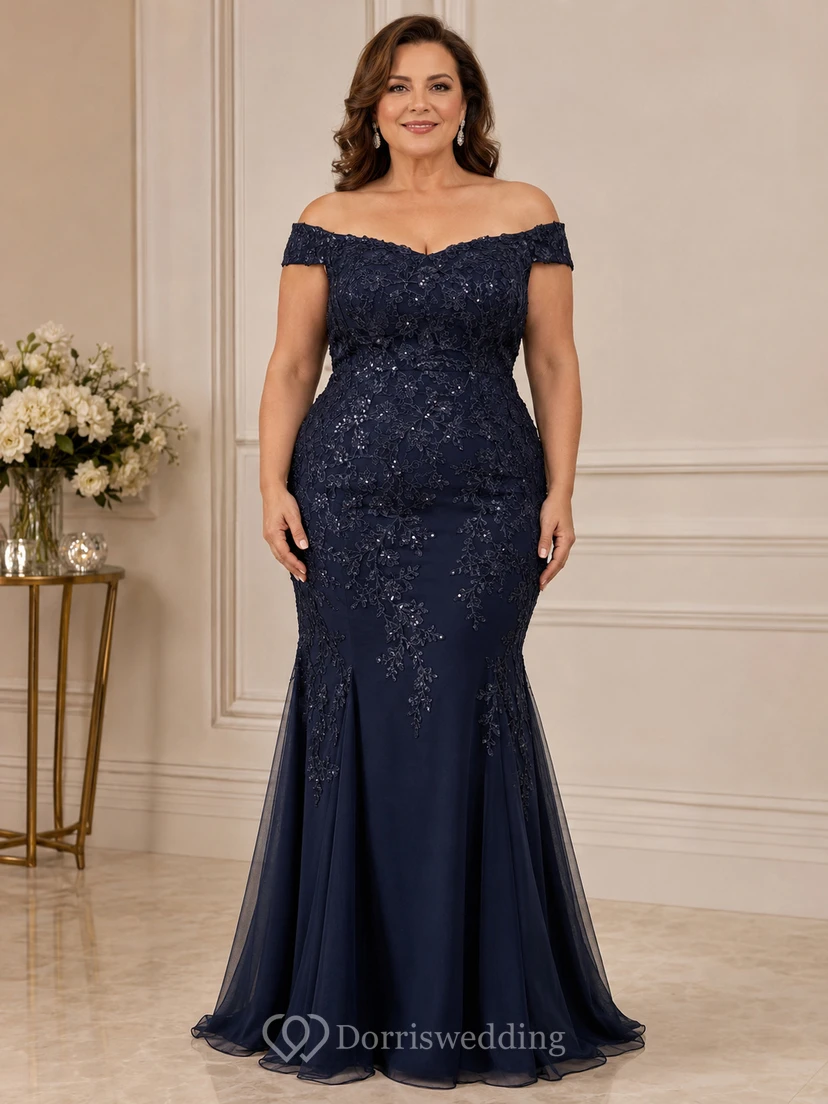 Plus Size Meerjungfrauen-Kleid mit Pailletten, schulterfrei, kurzen Ärmeln und Pailletten