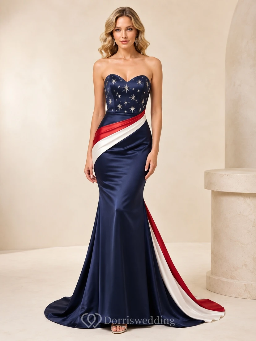 Dark Navy Strapless Sleeveless Beaded Satin Mermaid Floor-length Sweep Draped Luxury Formal Gown