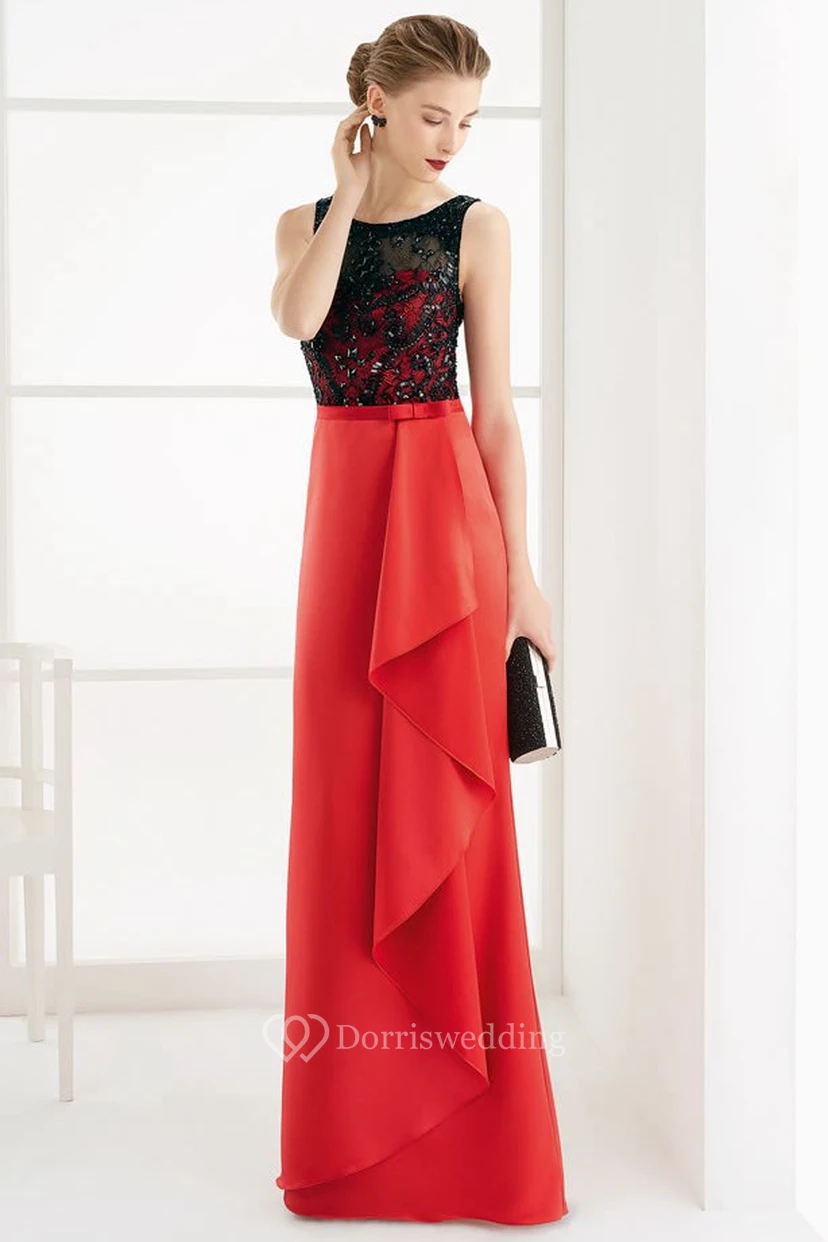 Sleeveless Side Drape Sheath Satin Long Prom Dress With Lace Top And Bow