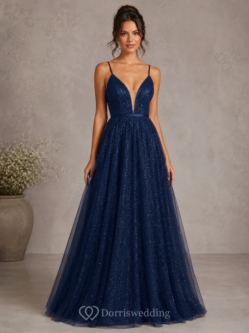 A-Line Sequin Prom Dress with V-neck, Sleeveless and Sequins, Floor Length