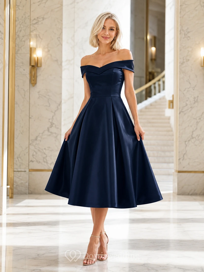 Navy off shoulder satin A-line tea length cocktail dress
