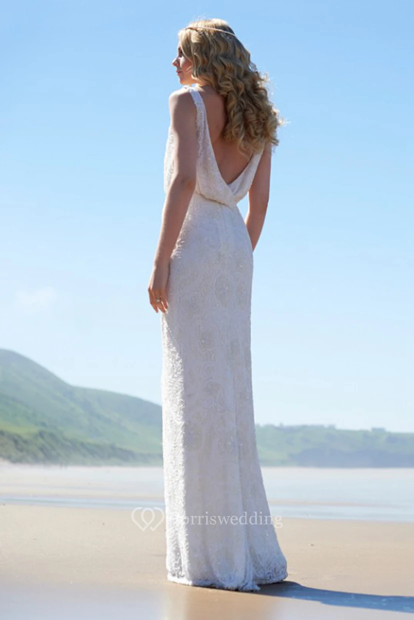 Floor-Length Square Lace Wedding Dress With V Back view 2