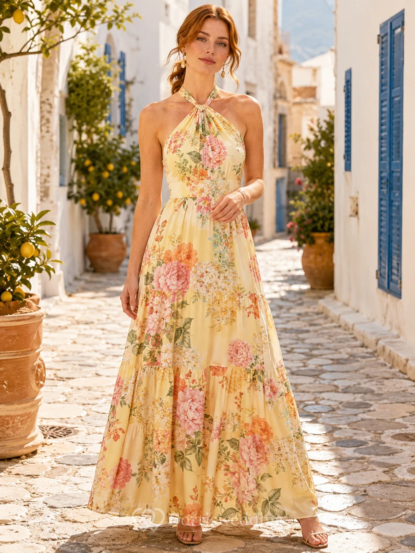 Yellow Floral Halter Neck Resort Summer Maxi Dress