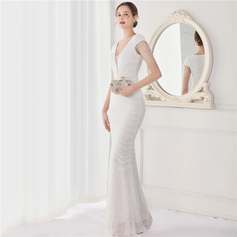 Paillettenbesetztes, handwerklich perfekt gefertigtes, perlenbesetztes Party-Abendkleid – sexy langes Kleid für die Braut view 49