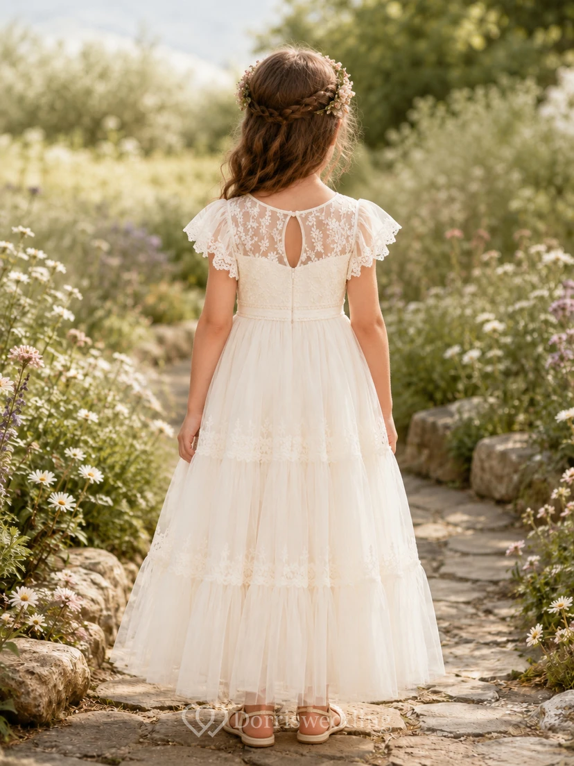 Tüllkleid in A-Linie mit kurzen Ärmeln und Schlüssellochausschnitt am Rücken view 2
