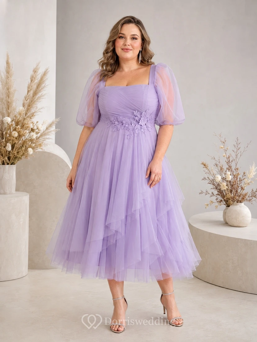 Lavender Tulle Square Neck Three-quarter Sleeve Plus Size Midi Dress