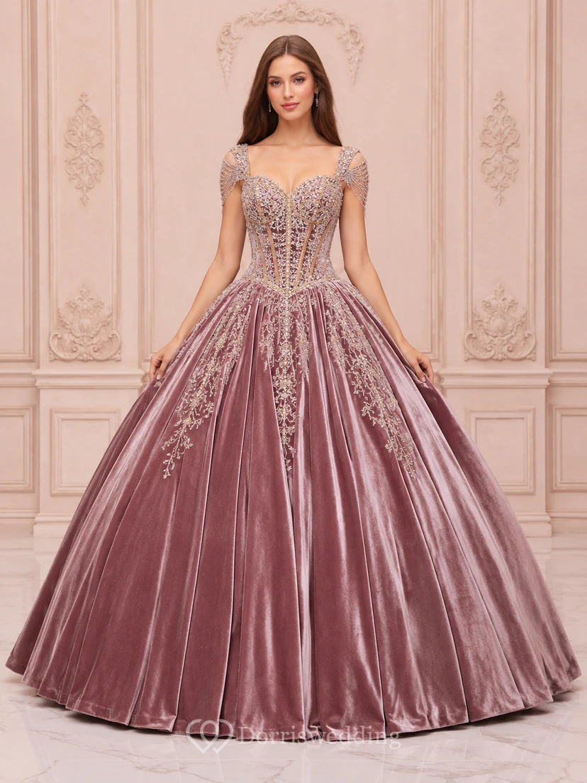 Vintage Mauve Modest V Neck Cap Sleeve Crystal Velvet Quinceanera Princess Ball Gown