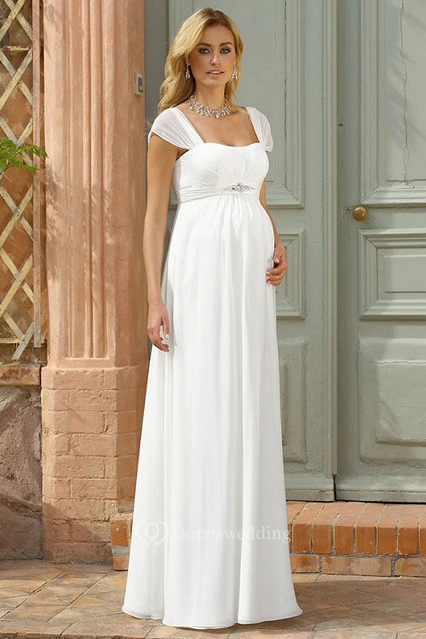 Sheath Cap Sleeve Empire Square Neck Jeweled Chiffon Wedding Dress