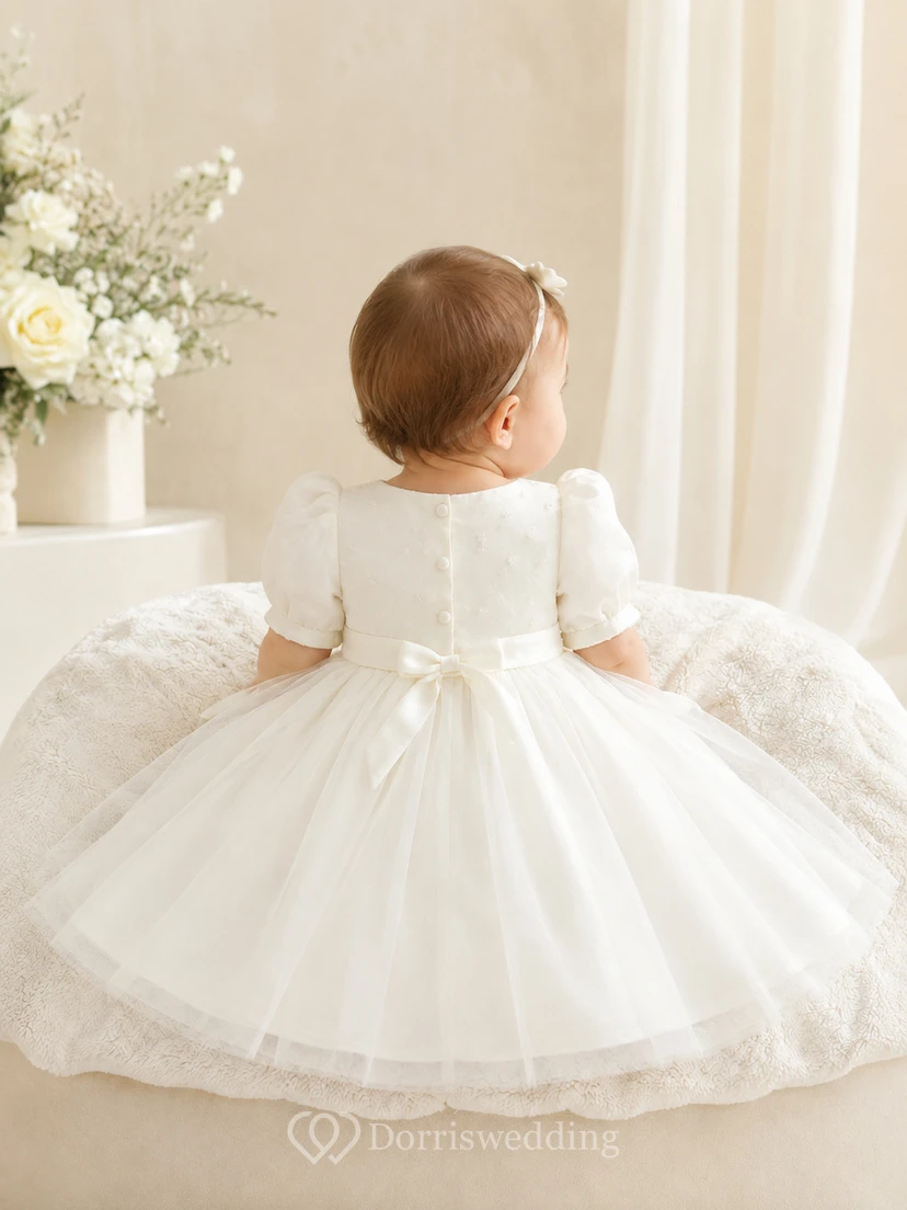 Baby Baptism Christening Ceremony Dress A-Line Knee-Length Square Neck Puff Sleeve Tulle Satin Button Back view 2