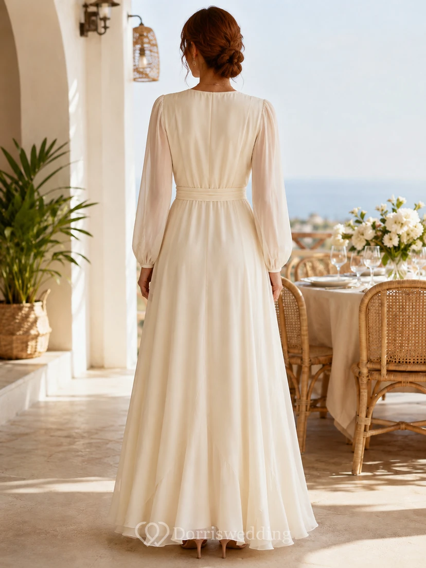 Robe longue trapèze à manches longues et col en V, style cache-cœur, idéale pour un brunch après le mariage. view 2