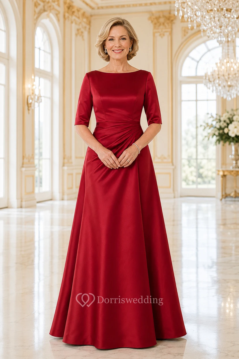Mutterkleid aus rotem Satin, A-Linie, halblang, U-Boot-Ausschnitt, bodenlang, plissiert