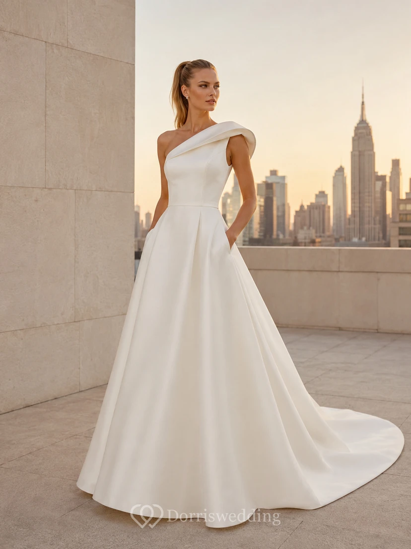 Robe de mariée moderne plissée à une épaule en satin, coupe trapèze, traîne courte.