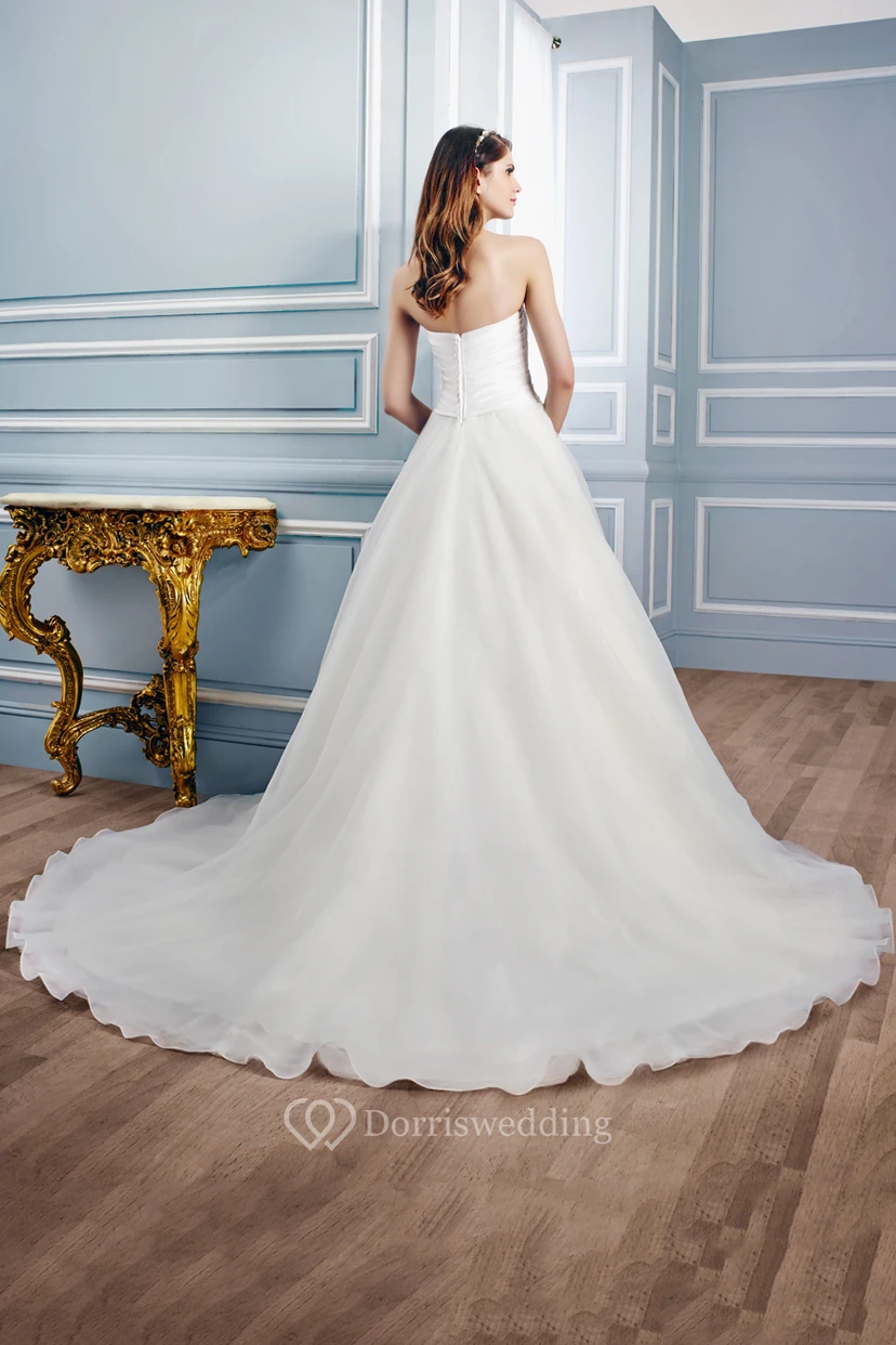 Long Strapless Ruched Chiffon Wedding Dress With Court Train view 2