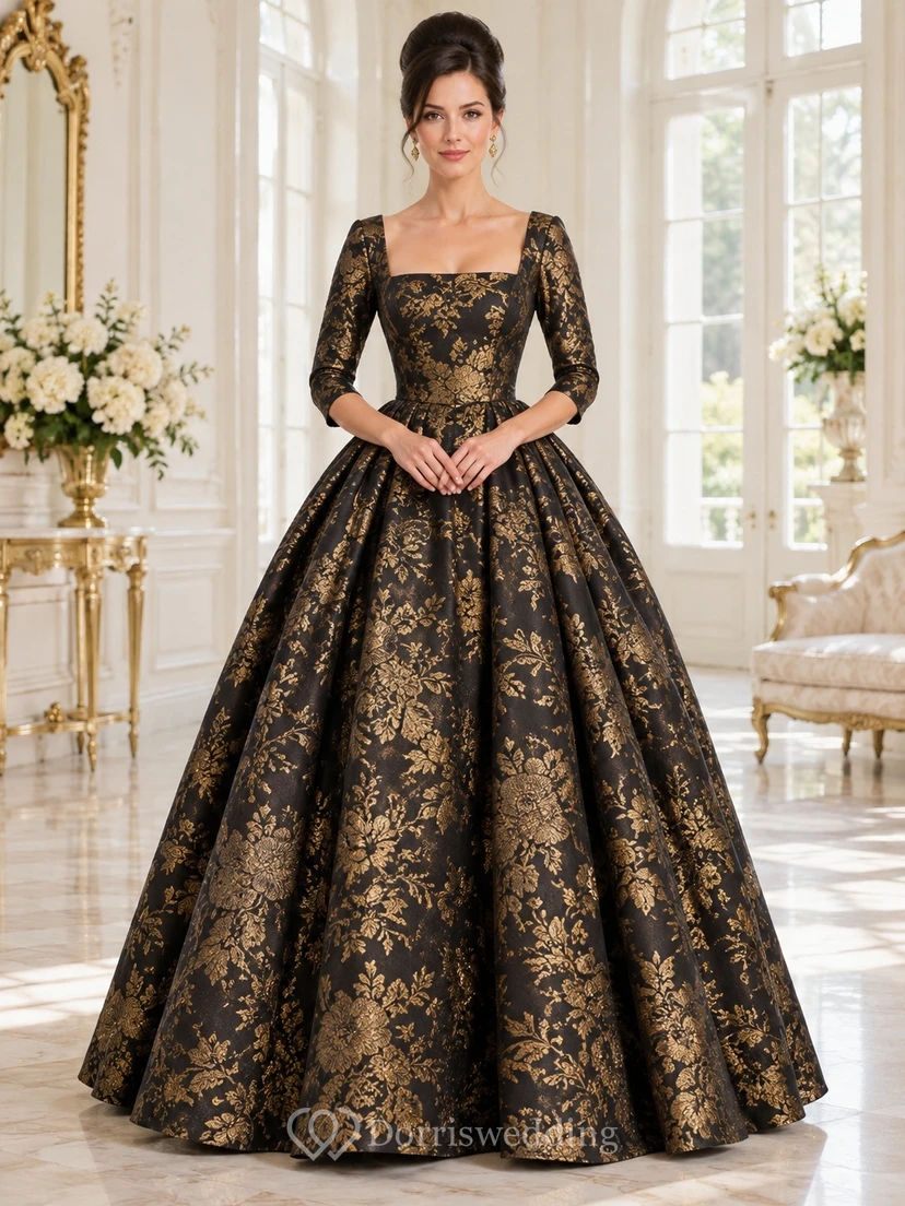 1960s Black Gold Square Neck Half Sleeve Jacquard Evening Ball Gown
