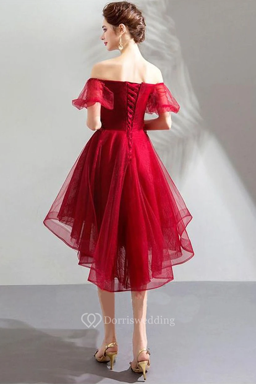 Strapless Short Sleeve High-Low Dress with Corset Back view 2