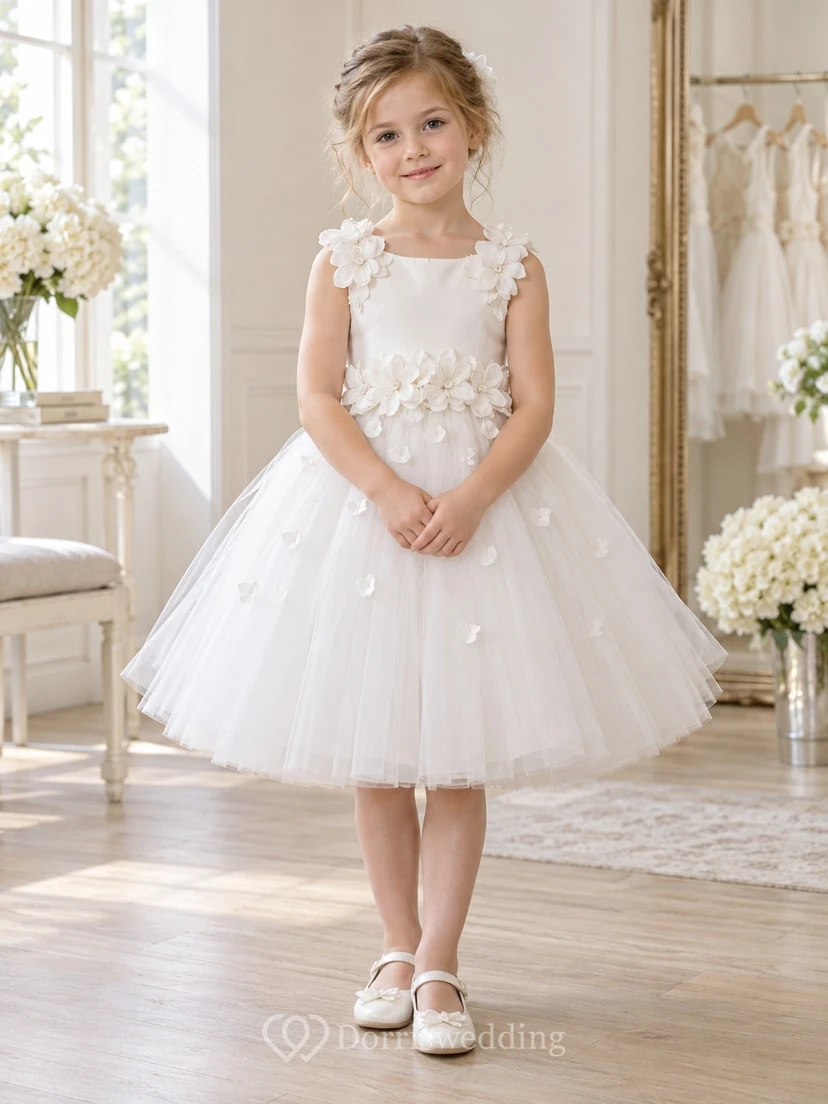 Short Ivory Sleeveless Bateau Shoulder Flower Floral Waist Applique Tulle A-Line Flowergirl Dress