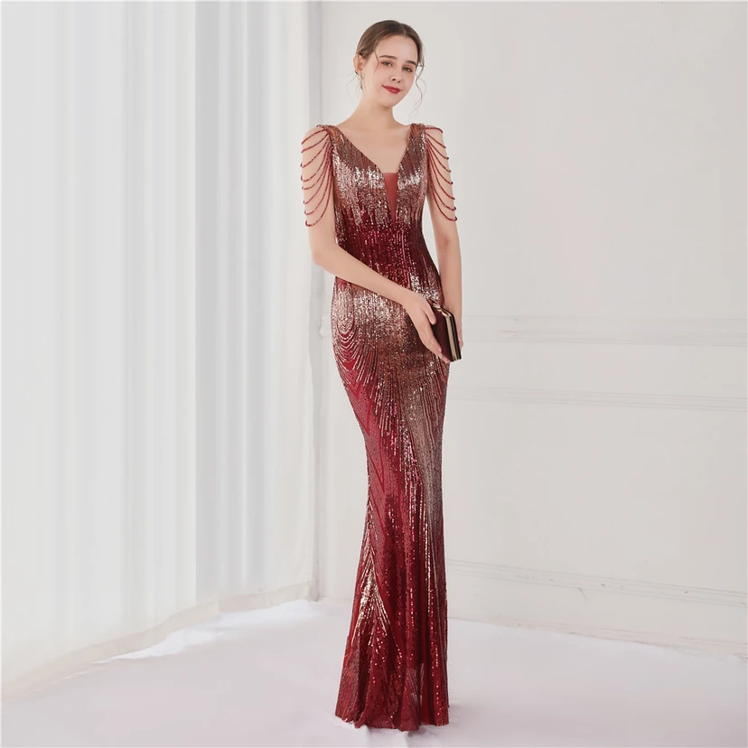 Vestido largo de lentejuelas con cola de pez, ideal para eventos, banquetes, eventos de celebridades y eventos de moda. Vestido de noche con etiqueta para modelos de automóviles. view 5