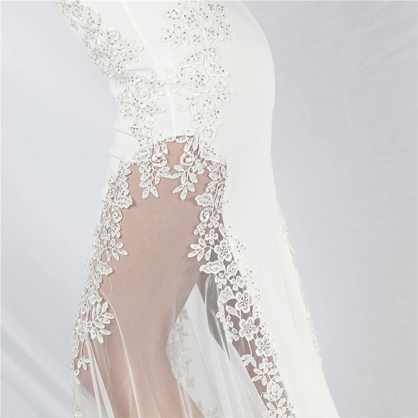 Spitzen-Abendkleid mit heißer Diamant- und Fischgrätenmuster-Weste, tiefem Taillenausschnitt, schulterfreiem Design und kurzer Schleppe view 90