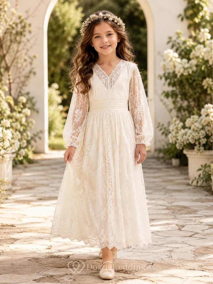 Boho-Kleid in A-Linie mit V-Ausschnitt, langen Spitzenärmeln und V-Ausschnitt zur Erstkommunion
