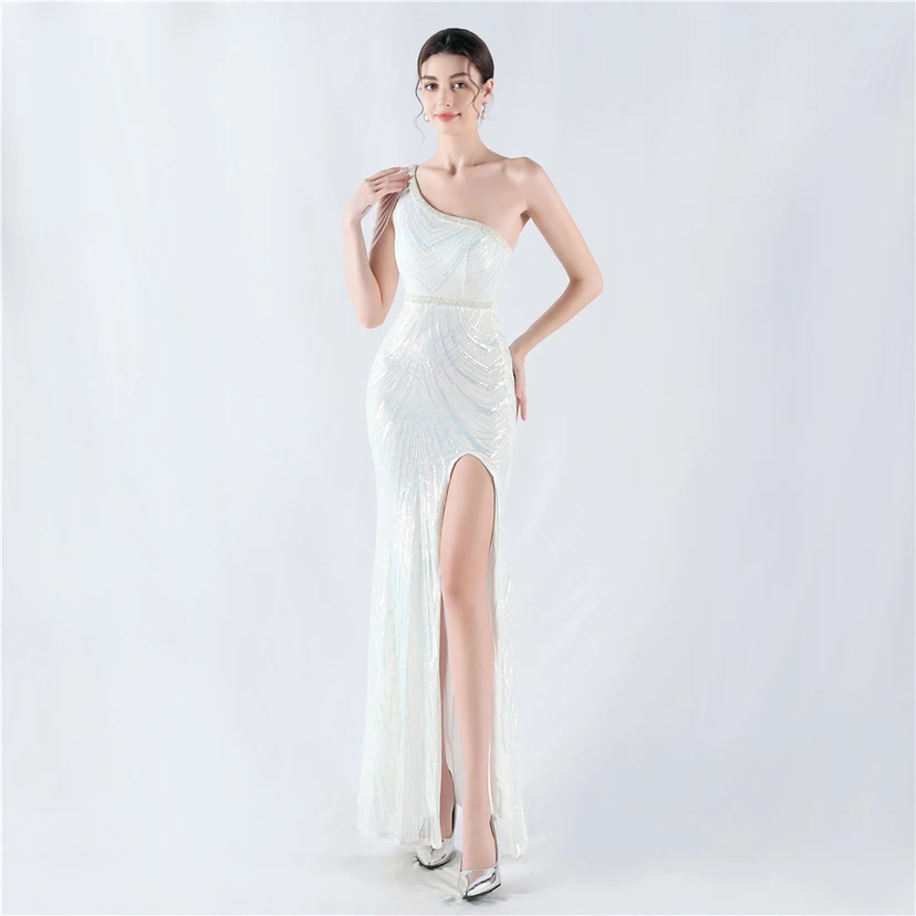 Positioning Flower Beaded Craft Beaded One-Shoulder Oblique Collar High Slit Evening Dress view 73