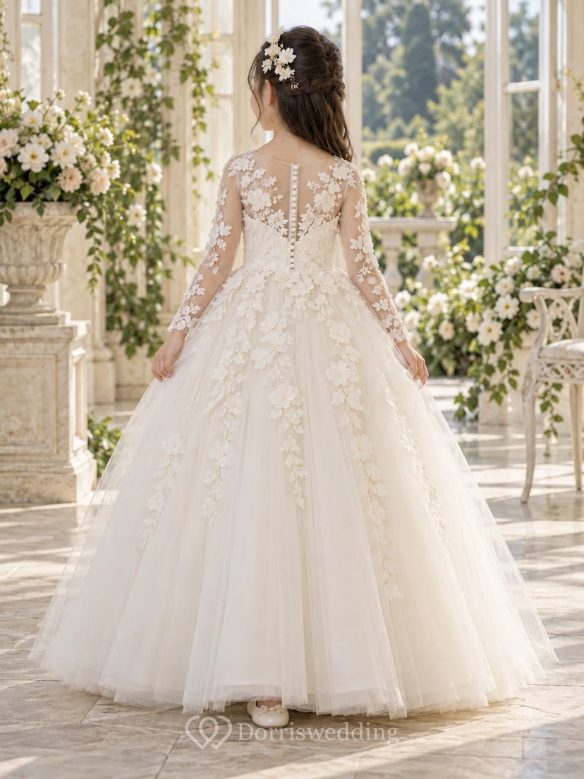 Long Sleeve Ivory Ball-gown Lace Tulle Floor-length Illusion Appliqued Flower Girl Dress view 2