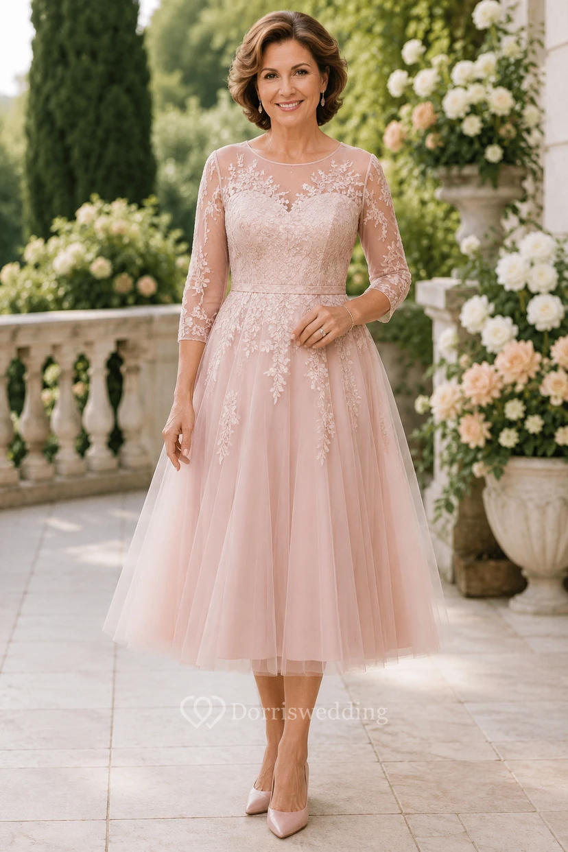 Robe de mère en tulle rose poudré, longueur thé, corsage en dentelle et manches