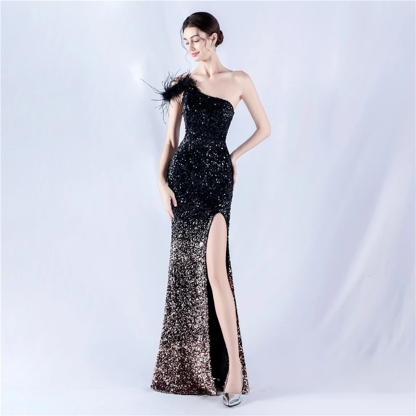 Gradient Velvet Bottom Sequins Craft Beading Ostrich Hair One-Shoulder Oblique Collar High-Slit Evening Dress view 31