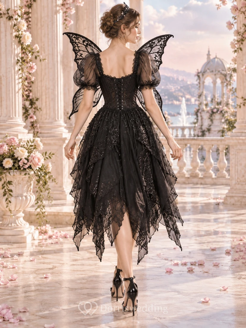 Fairy Black Sweetheart Puff Sleeve Fitted Corset Pointed Lace Dress view 2