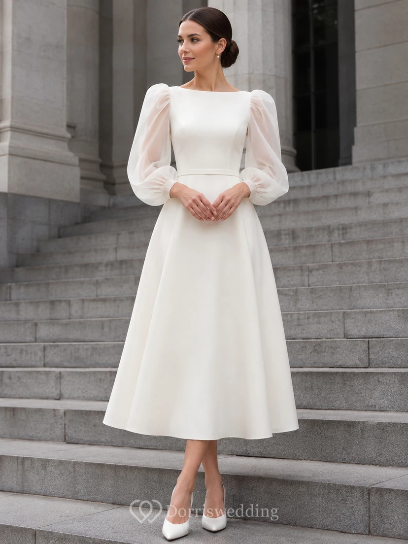 Modest Bateau Neck Sheer Long Sleeve Tea Length Wedding Dress