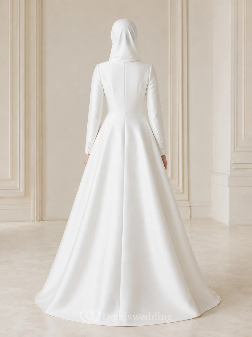Modest Muslim Long Sleeve High Neck Satin A-Line Wedding Dress view 2