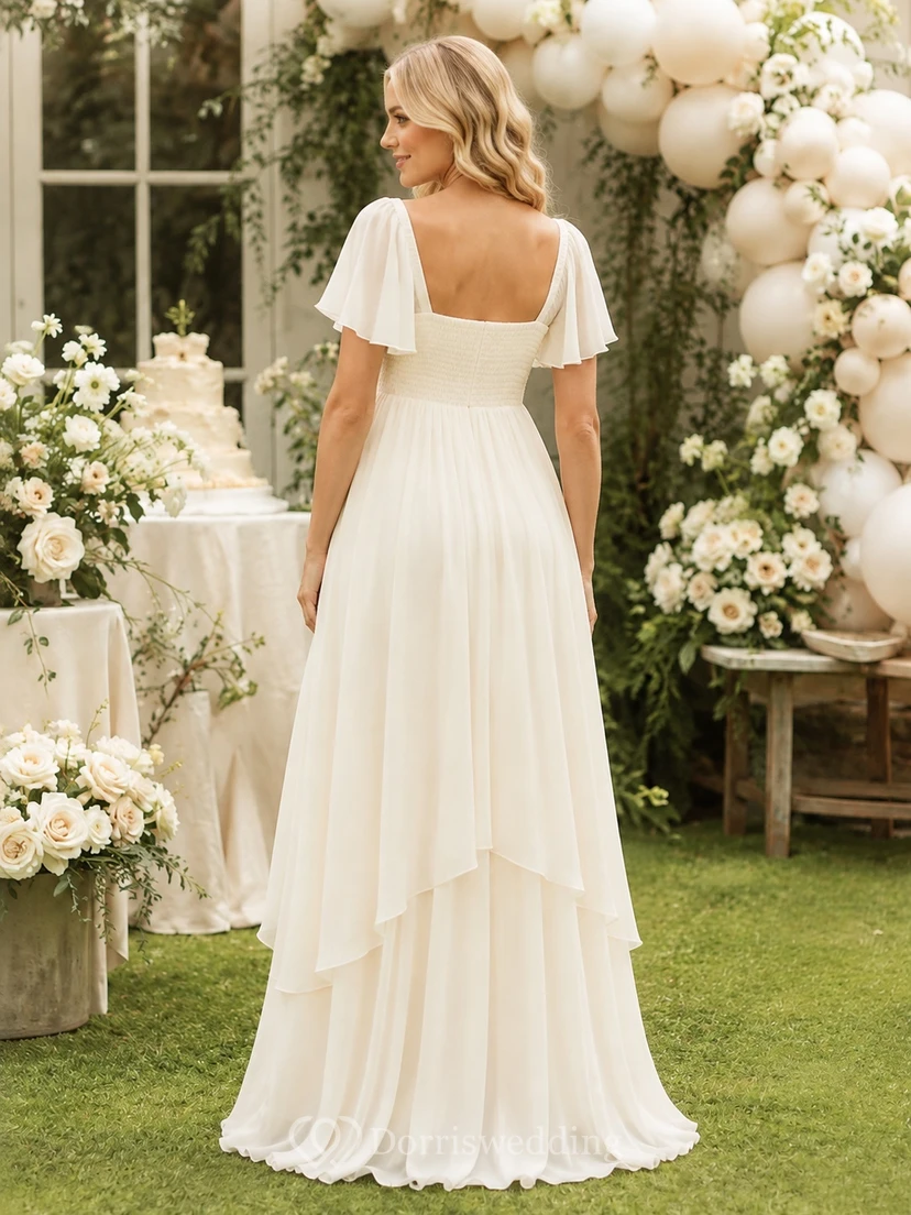 Cremefarbenes Chiffon-Umstandskleid mit eckigem Ausschnitt, kurzen Ärmeln, Empire-Schnitt, A-Linie und bodenlang view 2