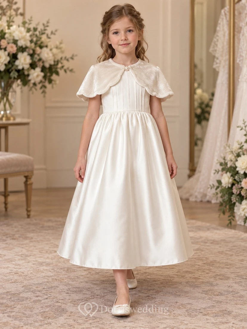 Schlichtes, teelanges, elfenbeinfarbenes Capelet mit Muschelsaum und Abnähern aus Satin für Blumenmädchen
