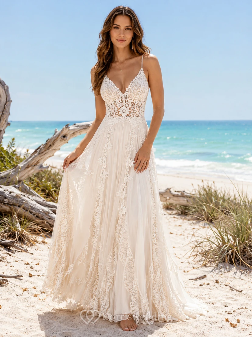 Bohemian V Neck Lace Wedding A Line Sleeveless Chapel Train Beach