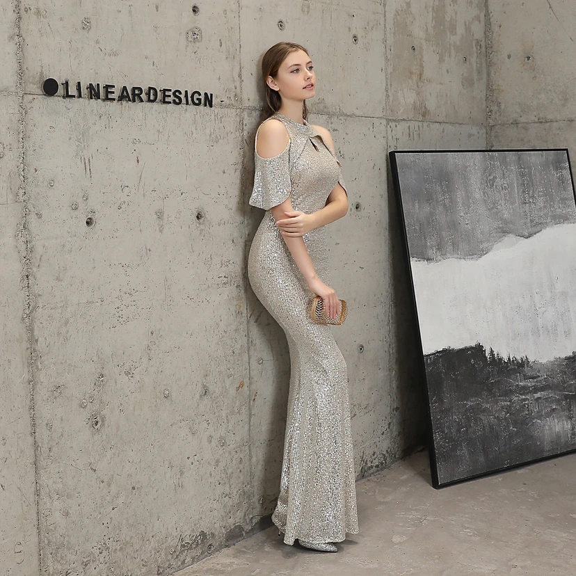 Banquet Temperament Elegant Long Short-Sleeved Sequin Aura Queen Fishtail Evening Dress view 21