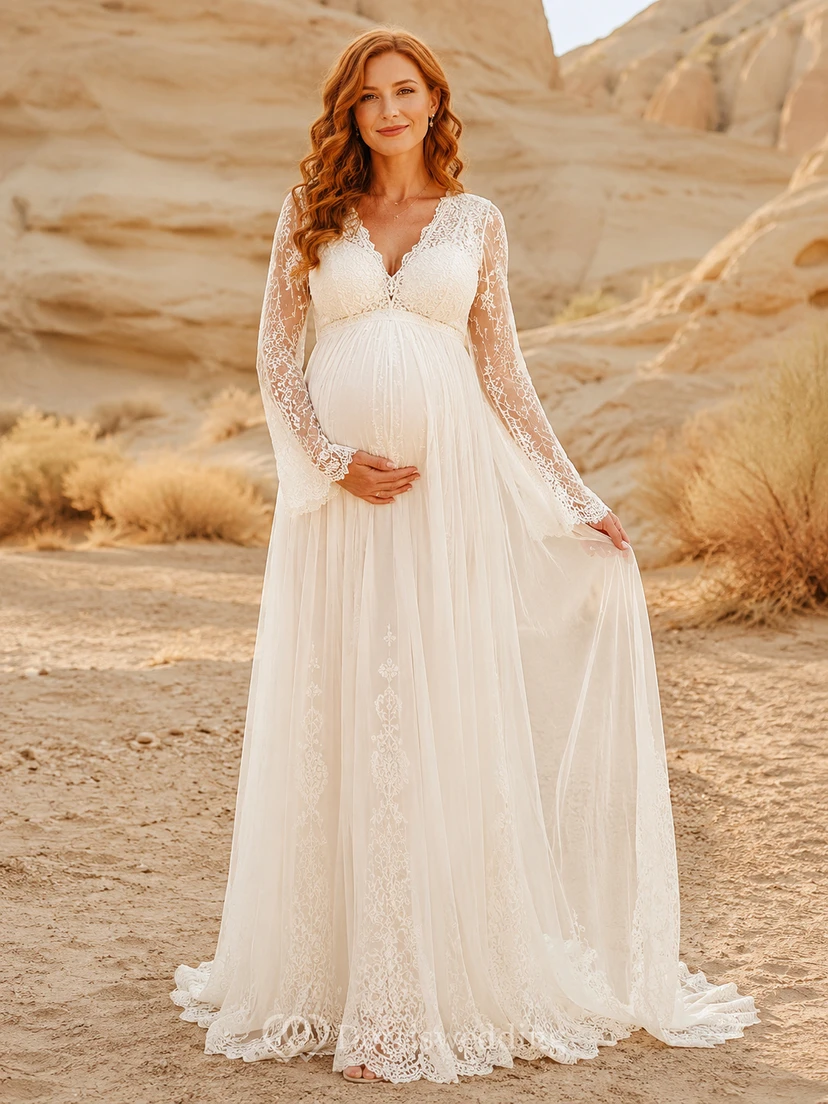 Robe de mariée romantique en mousseline de soie à col en V, manches longues en dentelle et coupe trapèze, dos nu, pour maternité