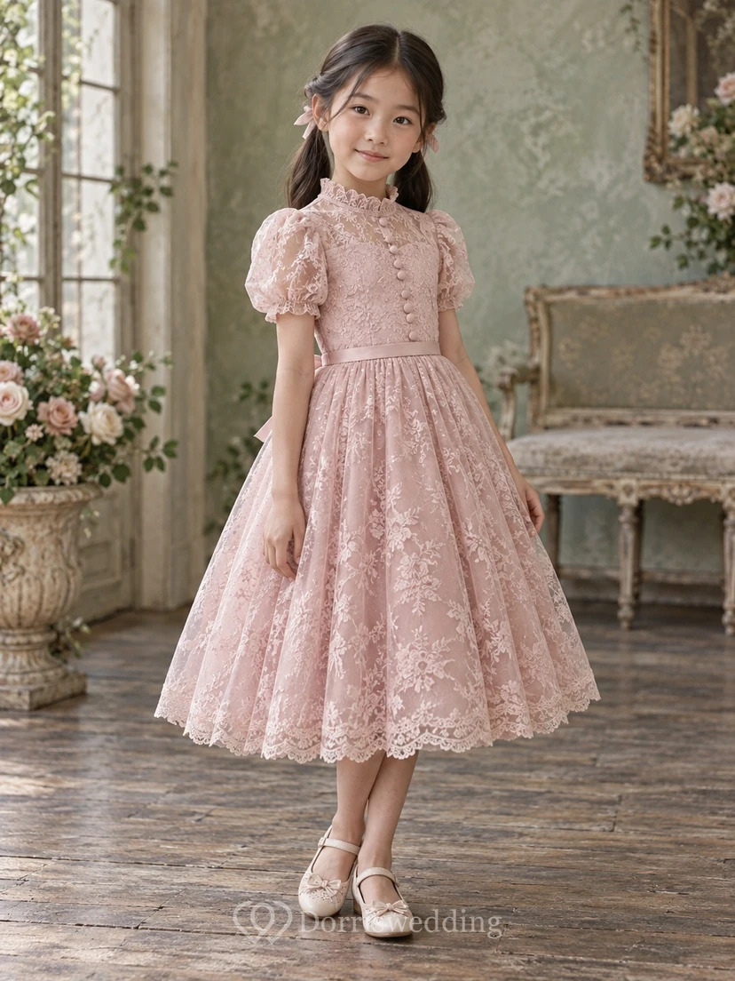 Tea-length High Neck Pink Floral A-Line Lace Puff-Sleeve Button-Front Flowergirl Dress