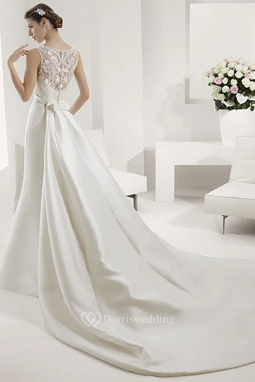 Bateau Neck Sheath Bridal Gown With Appliqued Top And Satin Skirt view 2