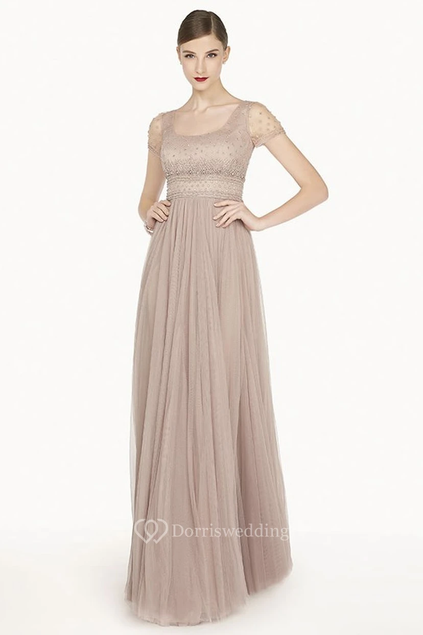 Empire Square Neck Short Sleeve Tulle Long Prom Dress With Crystals
