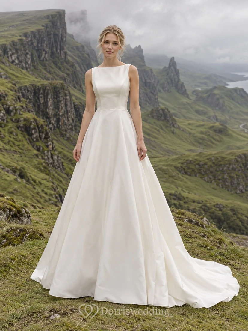 Vestido de novia sencillo y discreto de tafetán, corte en A, con escote barco y falda acampanada lisa.