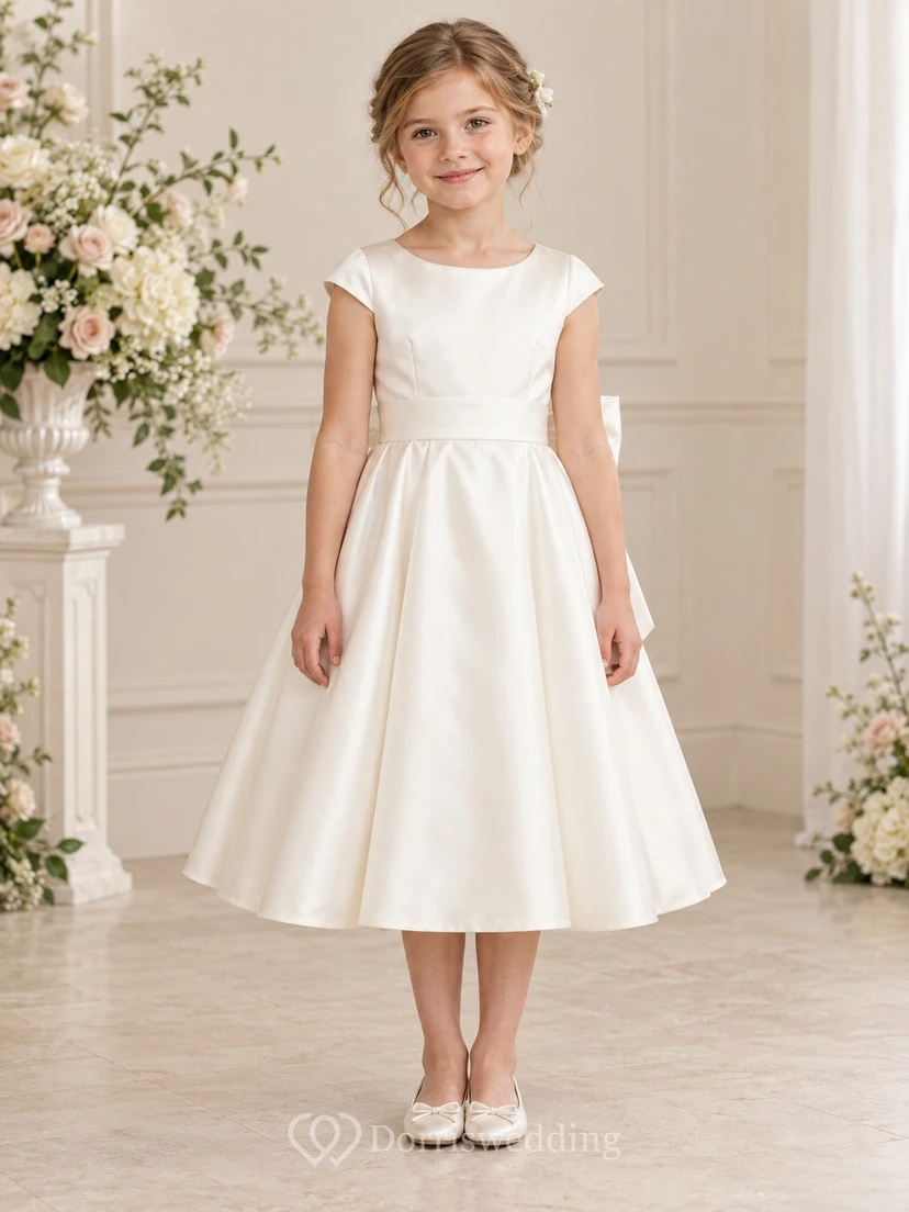 Simple Tea-length Ivory Satin Jewel Cap-sleeve Sashed Gathered Bow-back A-line Flower Girl Dress