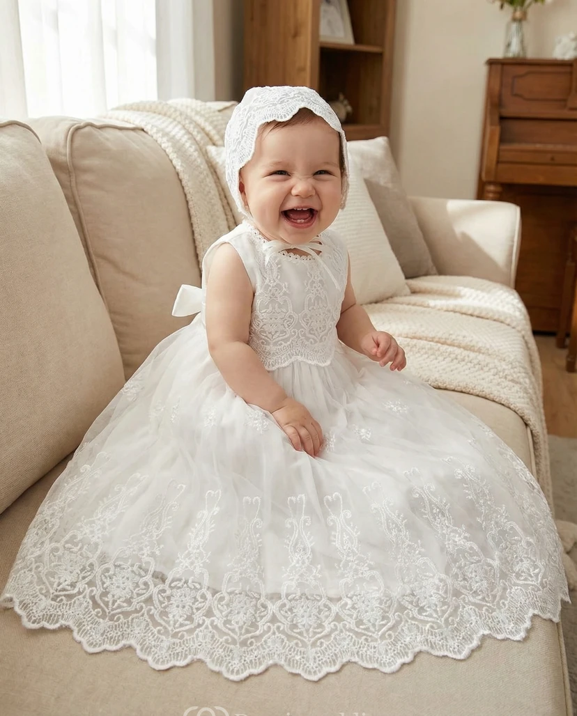 Weißes Taufkleid für Blumenmädchen, ärmellos, mit Spitzenhaube