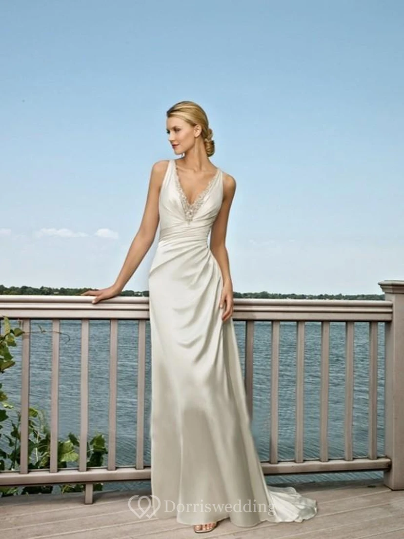 A-line Straps Sweep Train Elastic Woven Satin Wedding Dress