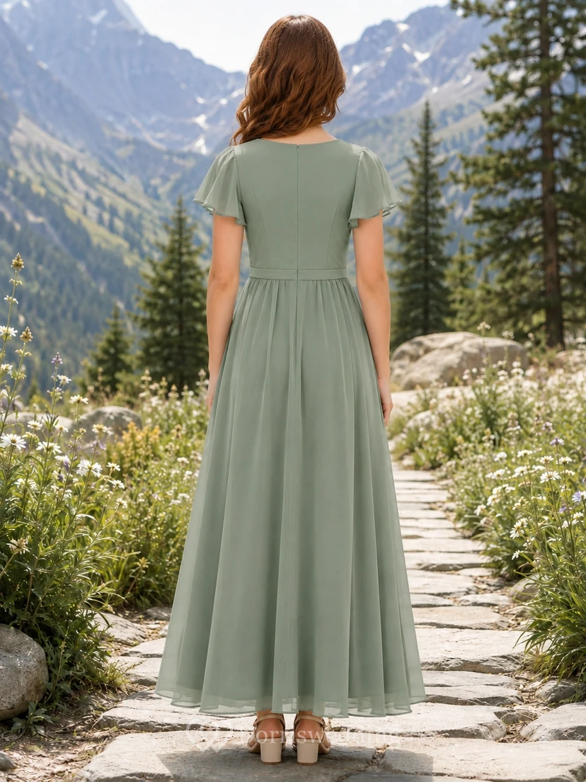 Celadonfarbenes Brautjungfernkleid für junge Damen, A-Linie, V-Ausschnitt, kurze Ärmel mit Blütenblatt-Schärpe, romantisch view 2