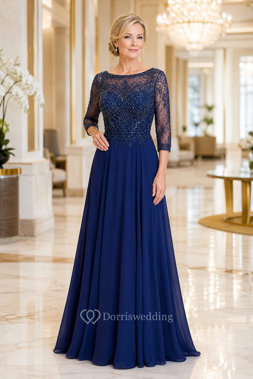 Marineblaues A-Linien-Kleid mit Spitzenoberteil und 3/4-Ärmeln